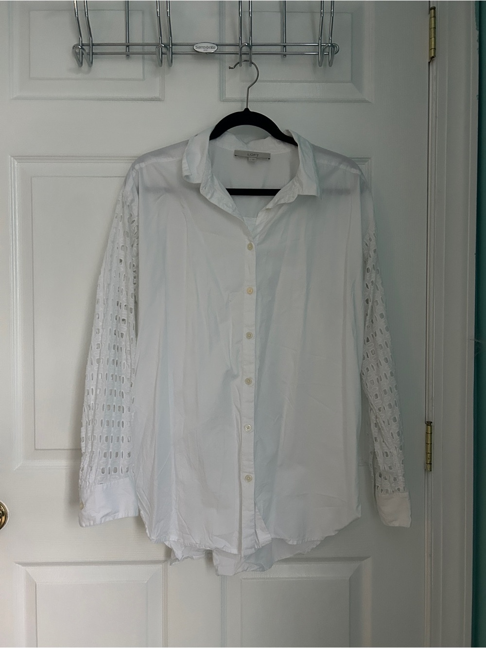 LOFT White Button-Down Eyelet Sleeve Shirt